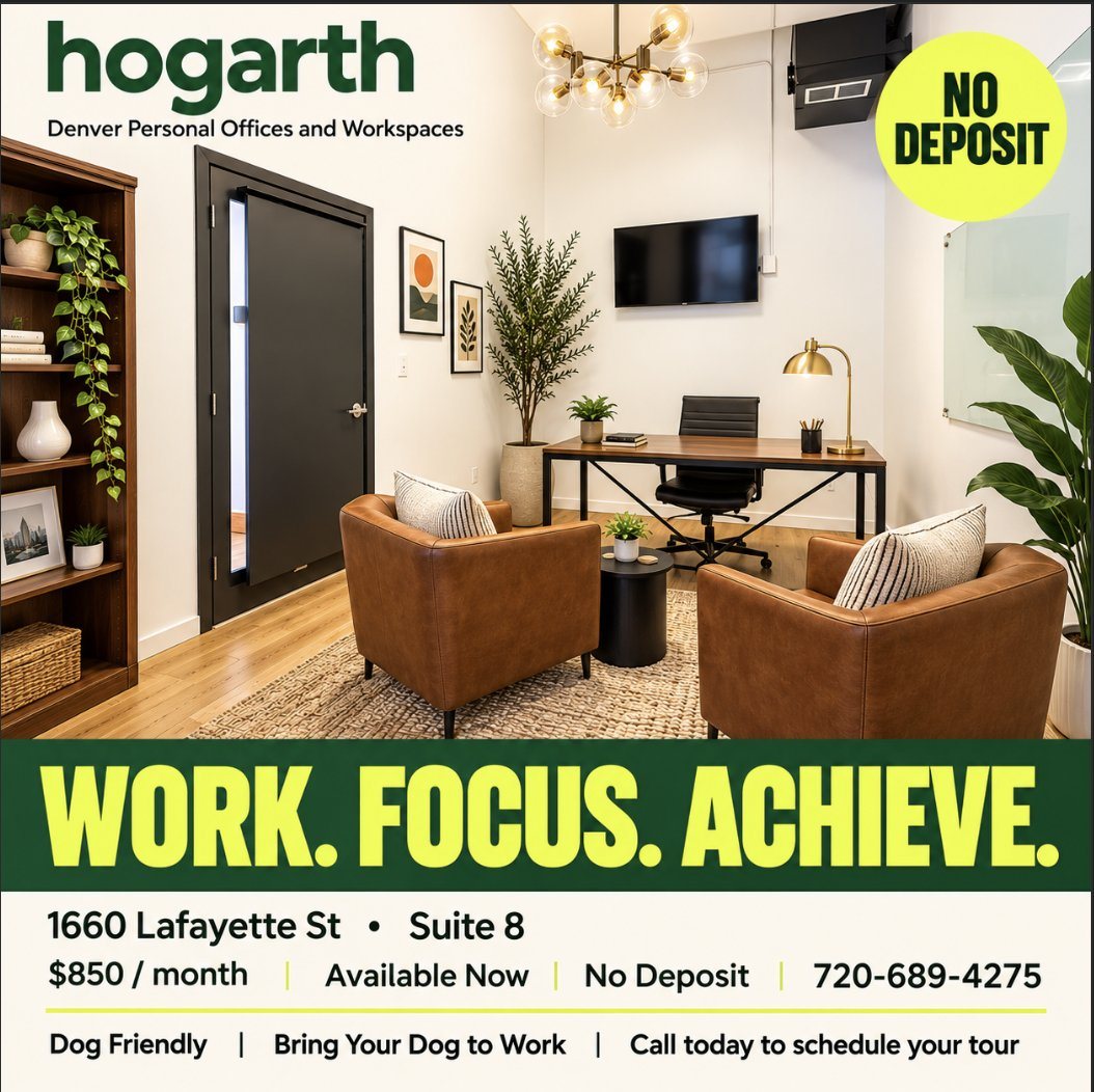 Hogarth social ad — Suite 8, 1660 Lafayette: Work. Focus. Achieve.