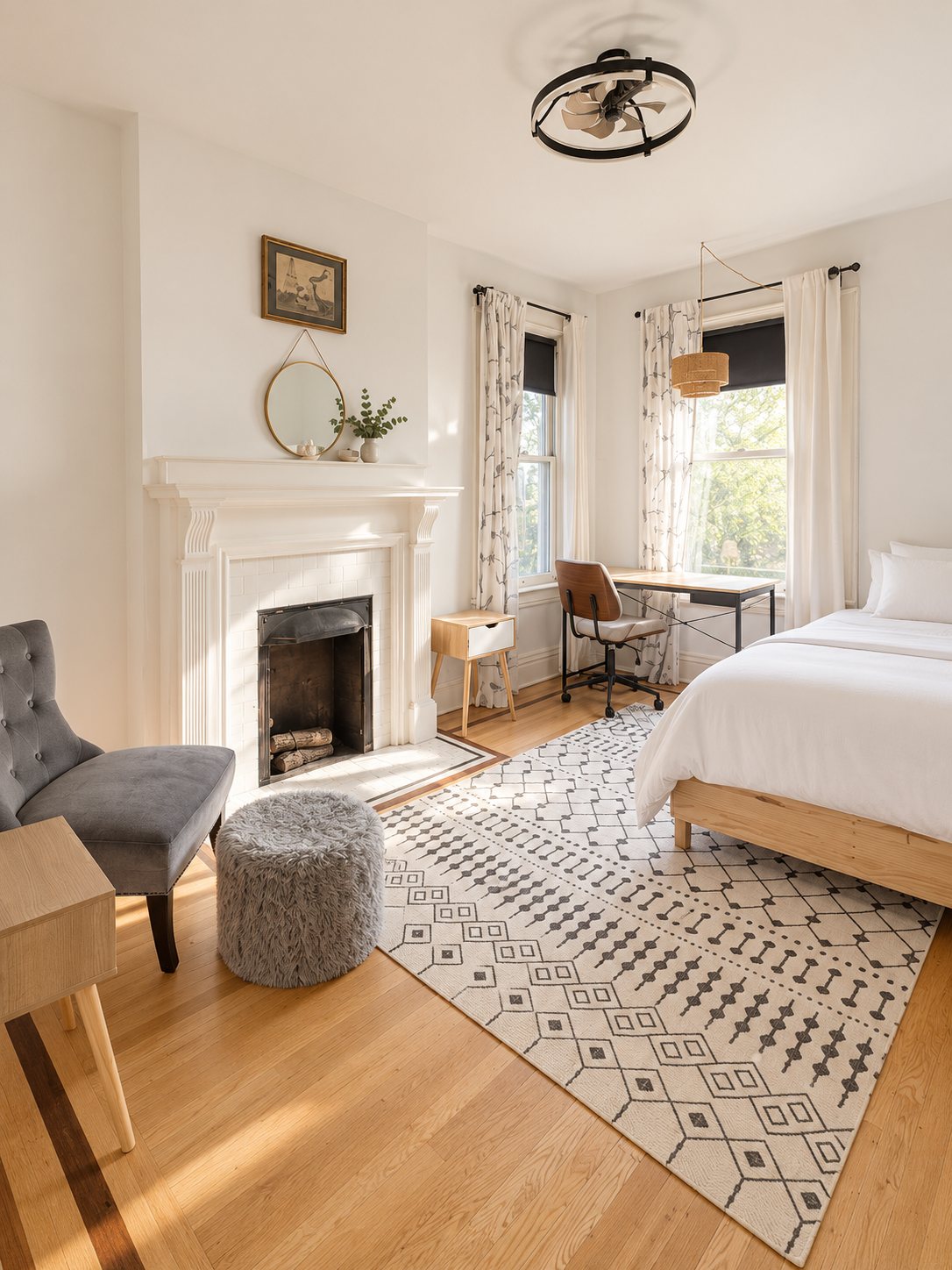 Room 3 — original fireplace, bay window, desk