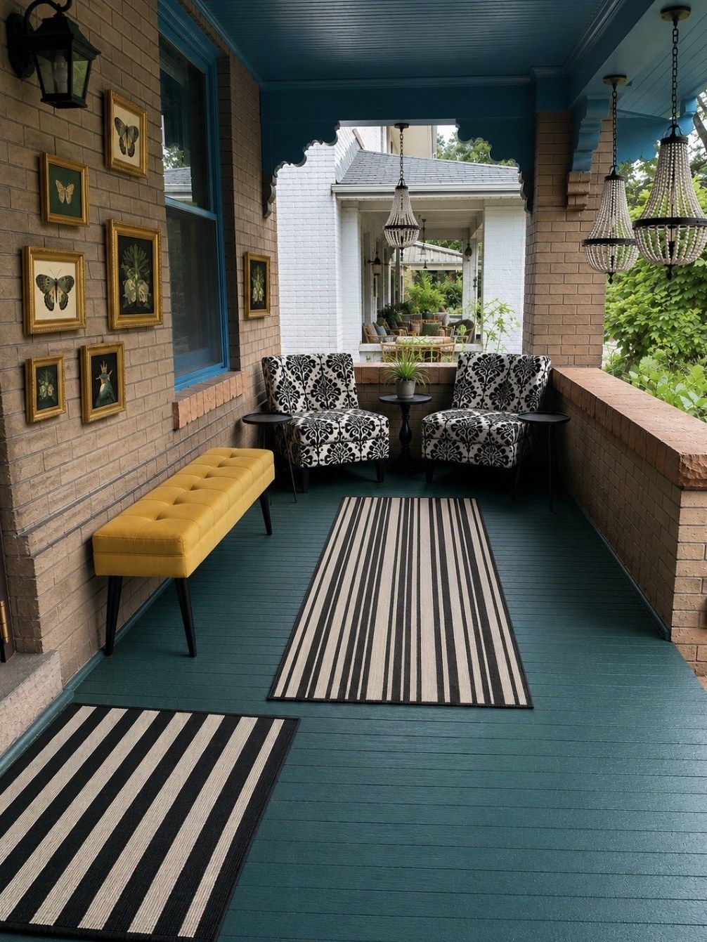 Front porch after redesign — deep teal floor and ceiling, striped runners, damask chairs
