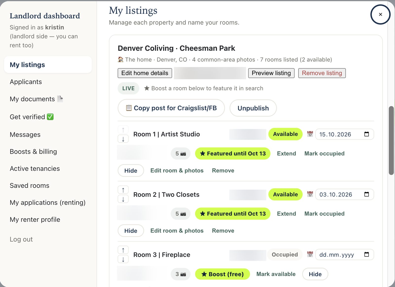 Landlord dashboard, My listings: each room with price, availability date, featured status, and a Copy post for Craigslist/FB button
