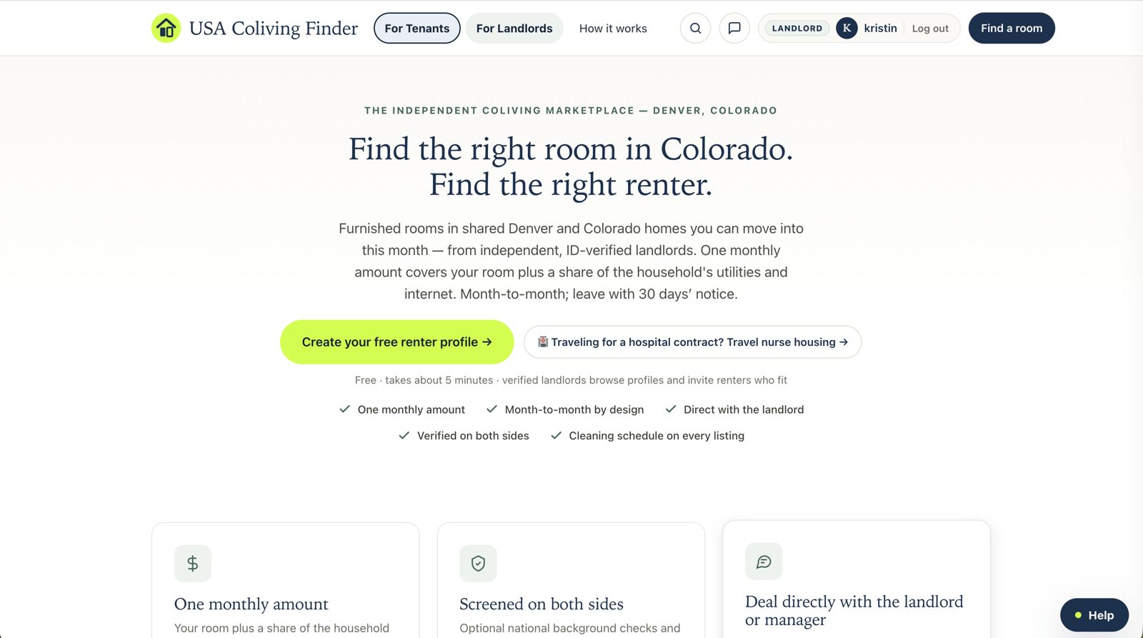 USA Coliving Finder homepage: Find the right room in Colorado. Find the right renter.