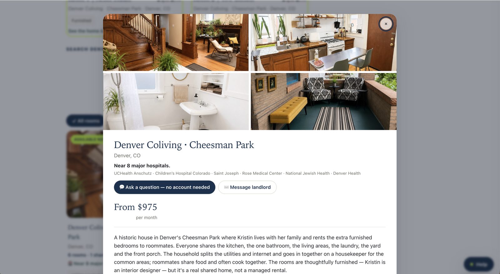 Listing page for Denver Coliving · Cheesman Park: near 8 major hospitals, Ask a question — no account needed, from $975 per month