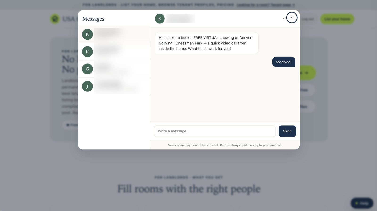 Messages: direct renter-to-landlord conversation with the reminder Never share payment details in chat