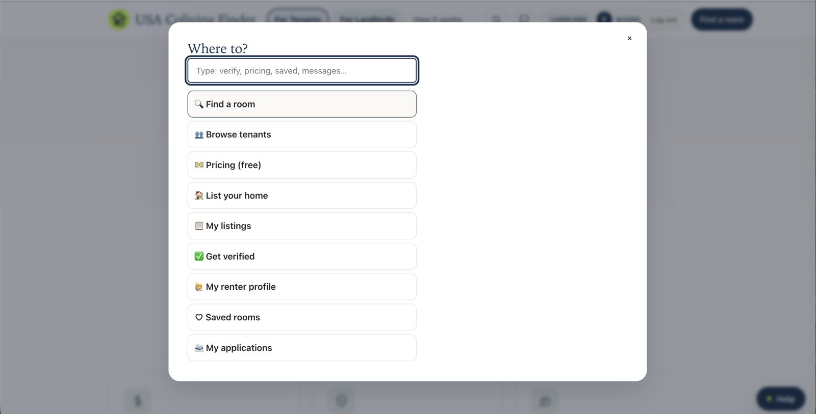 Where to? quick navigation: Find a room, Browse tenants, Pricing (free), List your home, My listings, Get verified