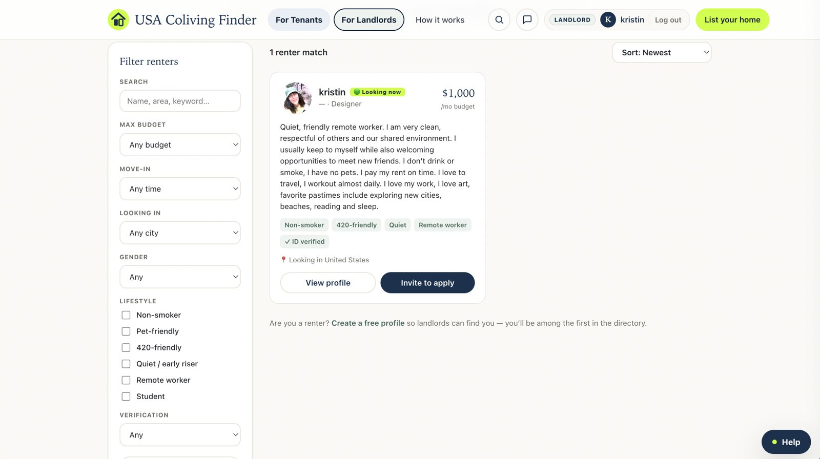 Browse renters: filters for budget, move-in, city, lifestyle, verification; a renter profile card with Invite to apply